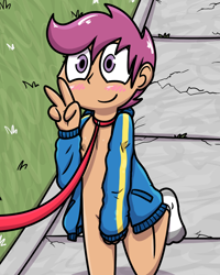 Size: 800x1000 | Tagged: questionable, artist:pokefound, scootaloo, banned from derpibooru, blushing, bottomless, clothes, collar, exhibitionism, female, human, humanized, imported from twibooru, leash, lolicon, nudity, partial nudity, pet play, public nudity, solo, solo female, underage