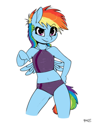 Size: 1500x2000 | Tagged: questionable, artist:skoon, rainbow dash, anthro, banned from derpibooru, breasts, clothes, delicious flat chest, explicit source, female, imported from twibooru, lolicon, pegasus, simple background, small breasts, solo, solo female, swimsuit, underage, white background, younger