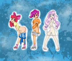 Size: 1434x1218 | Tagged: explicit, artist:anibaruthecat, artist:zeklullaby, apple bloom, scootaloo, sweetie belle, banned from derpibooru, bloom butt, butt, cutie mark crusaders, female, human, human coloration, humanized, imported from twibooru, lolicon, underage