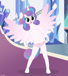Size: 3411x3839 | Tagged: suggestive, artist:tolpain, princess flurry heart, alicorn, anthro, banned from derpibooru, belly button, clothes, female, imported from twibooru, innocent, lolicon, nipples, nudity, panties, pink underwear, plantigrade anthro, sandals, showing off, snoopy, solo, solo female, underage, underwear