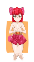 Size: 701x1258 | Tagged: questionable, artist:pugilismx, apple bloom, banned from derpibooru, breasts, clothes, female, human, humanized, imported from twibooru, lolicon, nudity, shorts, simple background, solo, transparent background, underage