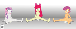 Size: 8166x3124 | Tagged: explicit, artist:mazzmer, apple bloom, scootaloo, sweetie belle, banned from derpibooru, breasts, creampie, cum, cutie mark crusaders, delicious flat chest, equestria girls, feet, female, imported from twibooru, lolicon, nudity, show accurate, small breasts, underage