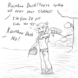 Size: 1280x1280 | Tagged: questionable, artist:whitebats, rainbow dash, banned from derpibooru, dialogue, drunk, female, human, humanized, imported from twibooru, lolicon, lolitober, monochrome, offscreen character, solo, underage, younger