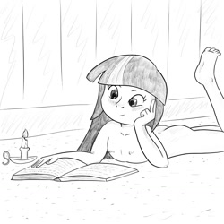 Size: 1280x1280 | Tagged: explicit, artist:whitebats, twilight sparkle, banned from derpibooru, book, candle, candlelight, female, human, humanized, imported from twibooru, lolicon, lolitober, monochrome, nudity, reading, solo, underage, younger