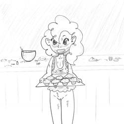 Size: 1280x1280 | Tagged: explicit, artist:whitebats, pinkie pie, banned from derpibooru, batter, bottomless, clothes, cupcake, female, food, human, humanized, imported from twibooru, kitchen, lolicon, lolitober, monochrome, muffin, partial nudity, smiling, solo, underage, younger