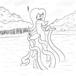 Size: 1280x1280 | Tagged: explicit, artist:whitebats, fluttershy, banned from derpibooru, female, human, humanized, imported from twibooru, lake, lolicon, lolitober, monochrome, nudity, skinny dipping, solo, surprised, tentacles, underage, vine, wet, younger