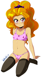 Size: 2414x4424 | Tagged: suggestive, artist:danmakuman, adagio dazzle, banned from derpibooru, belly button, bra, clothes, female, human, humanized, imported from twibooru, lolicon, looking at you, panties, sexy, simple background, solo, solo female, stockings, thigh highs, transparent background, underage, underwear, younger