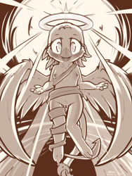 Size: 2250x3000 | Tagged: explicit, artist:nottrevbe, angel, anthro, banned from derpibooru, digitigrade anthro, female, gabby, griffon, halo, imported from twibooru, inktober, lolicon, lolitober, monochrome, solo, underage