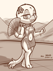 Size: 2250x3000 | Tagged: safe, artist:nottrevbe, anthro, banned from derpibooru, digitigrade anthro, fan, female, gabby, griffon, imported from twibooru, inktober, lolicon, lolitober, monochrome, solo, underage