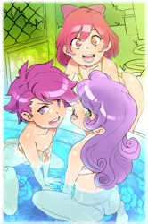 Size: 2713x4092 | Tagged: suggestive, artist:maniacpaint, apple bloom, scootaloo, sweetie belle, banned from derpibooru, bikini, butt, clothes, cutie mark crusaders, female, females only, human, human female, humanized, imported from twibooru, lolicon, looking at you, looking back, looking back at you, looking over shoulder, open mouth, open smile, panties, smiling, smiling at you, swimsuit, thong, trio, trio female, underage, underwear, water