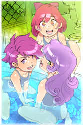 Size: 2713x4092 | Tagged: suggestive, artist:maniacpaint, apple bloom, scootaloo, sweetie belle, banned from derpibooru, clothes, cutie mark crusaders, female, females only, human, human female, humanized, imported from twibooru, lolicon, looking at you, looking back, looking back at you, looking over shoulder, one-piece swimsuit, open mouth, open smile, school swimsuit, smiling, smiling at you, swimsuit, trio, trio female, underage