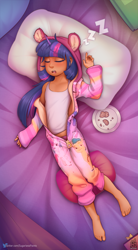 Size: 869x1572 | Tagged: suggestive, artist:sugarlesspaints, twilight sparkle, alternate version, banned from derpibooru, barefoot, bed, blanket, blushing, child, clothes, cookie, cute, dark skin, earth pony, eyes closed, feet, female, food, g5, hitch trailblazer, horn, horned humanization, human, humanized, imported from twibooru, izzy moonbow, lolicon, male, mane five (g5), onesie, onomatopoeia, open mouth, pajamas, pegasus, pillow, pipp petals, plate, plushie, sleeping, solo, solo female, sound effects, sunny starscout, tanktop, twiabetes, underage, younger, zipp storm, zzz