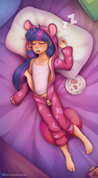 Size: 869x1572 | Tagged: suggestive, artist:sugarlesspaints, twilight sparkle, alternate version, banned from derpibooru, barefoot, bed, blanket, blushing, child, clothes, cookie, cute, eyes closed, feet, female, food, horn, horned humanization, human, humanized, imported from twibooru, lolicon, onesie, onomatopoeia, open mouth, pajamas, pillow, plate, sleeping, solo, solo female, sound effects, tanktop, twiabetes, underage, younger, zzz