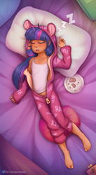 Size: 869x1572 | Tagged: suggestive, artist:sugarlesspaints, twilight sparkle, alternate version, banned from derpibooru, barefoot, bed, blanket, blushing, child, clothes, cookie, cute, dark skin, eyes closed, feet, female, food, horn, horned humanization, human, humanized, imported from twibooru, lolicon, onesie, onomatopoeia, open mouth, pajamas, pillow, plate, sleeping, solo, solo female, sound effects, tanktop, twiabetes, underage, younger, zzz