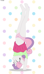 Size: 2245x3773 | Tagged: suggestive, artist:tolpain, sweetie belle, anthro, banned from derpibooru, barefoot, belly button, clothes, feet, female, handstand, imported from twibooru, lolicon, panties, panty shot, plantigrade anthro, polka dot background, polka dots, skirt, solo, underage, underwear, upside down, upskirt