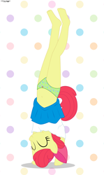 Size: 2245x3773 | Tagged: suggestive, artist:tolpain, apple bloom, anthro, banned from derpibooru, barefoot, belly button, clothes, feet, female, handstand, imported from twibooru, lolicon, panties, panty shot, plantigrade anthro, polka dot background, polka dots, skirt, solo, underage, underwear, upside down, upskirt