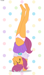 Size: 2245x3773 | Tagged: suggestive, artist:tolpain, scootaloo, anthro, banned from derpibooru, barefoot, belly button, clothes, feet, female, girly, handstand, imported from twibooru, lolicon, panties, panty shot, plantigrade anthro, polka dot background, polka dots, skirt, solo, underage, underwear, upside down, upskirt