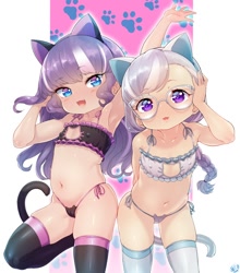 Size: 850x964 | Tagged: suggestive, artist:born-to-die, diamond tiara, silver spoon, animal costume, banned from derpibooru, belly button, boob window, bra, breasts, cat ears, cat lingerie, cat tail, clothes, costume, delicious flat chest, duo, female, females only, glasses, human, human coloration, humanized, imported from twibooru, lingerie, lolicon, looking at you, sexy, small breasts, socks, stockings, stupid sexy diamond tiara, stupid sexy silver spoon, thigh highs, underage, underwear