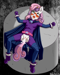 Size: 2246x2784 | Tagged: explicit, artist:anibaruthecat, sweetie belle, abandon all hope, anthro, banned from derpibooru, bondage, creampie, cum, female, imported from twibooru, lolicon, superhero costume, underage