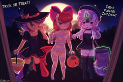 Size: 3000x2000 | Tagged: explicit, artist:lumineko, apple bloom, scootaloo, sweetie belle, :3, alternate version, anthro, banned from derpibooru, clothes, cutie mark crusaders, earth pony, female, halloween, holiday, imported from twibooru, jiangshi, levitation, lolicon, magic, mummy, nudity, offscreen character, pegasus, pov, telekinesis, trick or treat, undead, underage, unicorn, vulva, witch