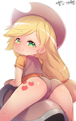 Size: 475x757 | Tagged: suggestive, artist:born-to-die, applejack, banned from derpibooru, butt, clothes, cutie mark, cutie mark on human, female, gloves, hat, human, humanized, imported from twibooru, leather vest, lolicon, looking at you, looking back, looking back at you, saddle, sexy, shirt, simple background, solo, stupid sexy applejack, tack, underage, underwear, vest, white background