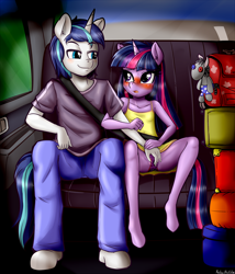 Size: 2596x3036 | Tagged: explicit, artist:anibaruthecat, shining armor, twilight sparkle, anthro, backseat, banned from derpibooru, blushing, car, clothes, dress, female, fingering, imported from twibooru, incest, jeans, lolicon, luggage, panties, pants, seatbelt, sex, smarty pants, spread legs, spreading, stealth sex, thrill of almost being caught, underage, underwear, vaginal secretions, younger
