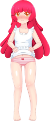 Size: 666x1623 | Tagged: suggestive, artist:2kaze, apple bloom, banned from derpibooru, blushing, clothes, dress, female, human, humanized, imported from twibooru, lolicon, panties, simple background, smiling, solo, transparent background, underage, underwear