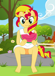 Size: 1936x2624 | Tagged: suggestive, artist:tolpain, anthro, banned from derpibooru, barefoot, clothes, cute, dress, eating, feet, female, food, imported from twibooru, lolicon, outdoors, panties, panty shot, sundress, sunset shimmer, underage, underwear, unicorn, watermelon, younger