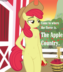 Size: 2483x2848 | Tagged: explicit, artist:tolpain, apple bloom, anthro, apple, banned from derpibooru, barn, breasts, bucket, delicious flat chest, earth pony, female, food, freckles, hat, imported from twibooru, lolicon, orchard, small breasts, solo, text, underage