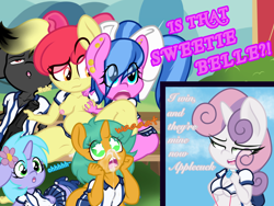 Size: 2048x1536 | Tagged: explicit, artist:lefthighkick, apple bloom, sweetie belle, series:littlesocks, anthro, banned from derpibooru, child, cum, cum drinking, cum inflation, dripping, dripping cum, exhibitionism, female, femboy, imported from twibooru, inflation, lolicon, male, nudity, penis, plantigrade anthro, public nudity, slut, underage