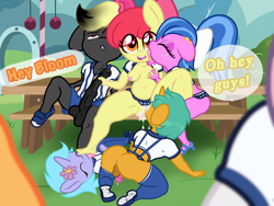 Size: 2048x1536 | Tagged: explicit, artist:lefthighkick, apple bloom, scootaloo, sweetie belle, series:littlesocks, anthro, banned from derpibooru, child, cum, cum drinking, cum inflation, dripping, dripping cum, exhibitionism, face licking, feet licking, female, femboy, imported from twibooru, inflation, licking, lolicon, male, nudity, penis, plantigrade anthro, public nudity, slut, tongue out, underage