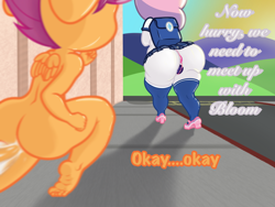 Size: 2048x1536 | Tagged: explicit, artist:lefthighkick, scootaloo, sweetie belle, series:littlesocks, anthro, banned from derpibooru, bimbo, butt, buttplug, child, cum, dildo, dripping, dripping cum, exhibitionism, female, imported from twibooru, lolicon, nudity, plantigrade anthro, public nudity, sex toy, slut, sweetie bimbo, sweetie butt, underage