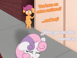 Size: 2048x1536 | Tagged: explicit, artist:lefthighkick, scootaloo, sweetie belle, series:littlesocks, alleyway, anthro, banned from derpibooru, child, cum, cum inflation, dripping, dripping cum, exhibitionism, female, imported from twibooru, inflation, lolicon, nudity, plantigrade anthro, public nudity, slut, underage