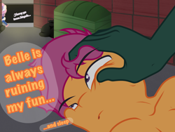 Size: 2048x1536 | Tagged: suggestive, artist:lefthighkick, scootaloo, sweetie belle, series:littlesocks, alleyway, anthro, banned from derpibooru, child, female, imported from twibooru, lolicon, offscreen sex, plantigrade anthro, slut, underage