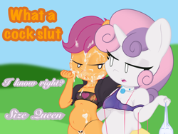 Size: 2048x1536 | Tagged: explicit, artist:lefthighkick, scootaloo, sweetie belle, series:littlesocks, anthro, banned from derpibooru, belly, child, clothes, cum, cum inflation, female, imported from twibooru, inflation, lolicon, miniskirt, pegasus, plantigrade anthro, skirt, slut, thick, underage, unicorn