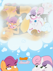 Size: 1536x2048 | Tagged: explicit, artist:lefthighkick, scootaloo, sweetie belle, series:littlesocks, anthro, banned from derpibooru, belly, child, crotch bulge, cum inflation, female, imported from twibooru, inflation, lolicon, pegasus, plantigrade anthro, slut, thick, underage, unicorn