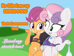Size: 2048x1536 | Tagged: explicit, artist:lefthighkick, scootaloo, sweetie belle, series:littlesocks, aftersex, anthro, banned from derpibooru, belly, child, clothes, cum, cum inflation, female, imported from twibooru, inflation, lolicon, miniskirt, pegasus, plantigrade anthro, skirt, slut, thick, underage, unicorn