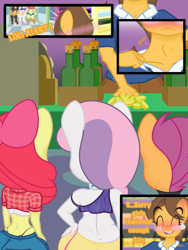 Size: 1536x2048 | Tagged: suggestive, artist:lefthighkick, apple bloom, scootaloo, sweetie belle, series:littlesocks, anthro, banned from derpibooru, child, clothes, earth pony, female, hot and bothered, imported from twibooru, lolicon, miniskirt, pegasus, plantigrade anthro, skirt, thick, underage, unicorn
