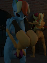 Size: 1080x1450 | Tagged: explicit, artist:littlesocks3, apple bloom, applejack, rainbow dash, scootaloo, series:littlesocks, 3d, age difference, anthro, applecest, applecock, banned from derpibooru, earth pony, female, futa, imported from twibooru, incest, intersex, lesbian, lolicon, pegasus, plantigrade anthro, rainbow dick, scootadash, shipping, underage