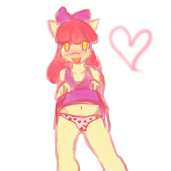 Size: 720x720 | Tagged: suggestive, artist:gokai-chibisu, apple bloom, anthro, banned from derpibooru, blushing, clothes, earth pony, female, heart, imported from twibooru, lolicon, panties, simple background, skirt, skirt lift, solo, underage, underwear, white background