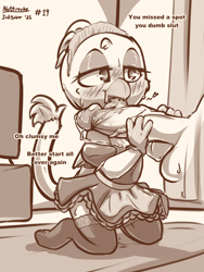 Size: 2250x3000 | Tagged: explicit, artist:nottrevbe, anthro, banned from derpibooru, clothes, female, gabby, griffon, human, imported from twibooru, inktober, lolicon, lolitober, maid, monochrome, underage