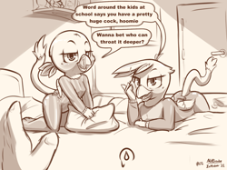 Size: 1663x1247 | Tagged: questionable, artist:nottrevbe, anthro, banned from derpibooru, clothes, digitigrade anthro, female, gabby, griffon, imported from twibooru, inktober, lolicon, lolitober, monochrome, pajamas, underage