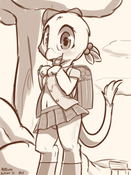 Size: 1247x1663 | Tagged: suggestive, artist:nottrevbe, anthro, banned from derpibooru, digitigrade anthro, female, gabby, griffon, imported from twibooru, inktober, lolicon, lolitober, monochrome, randoseru, underage