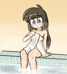Size: 581x645 | Tagged: suggestive, artist:spheedc, oc, oc:sphee, banned from derpibooru, bath, female, human, humanized, humanized oc, imported from twibooru, lolicon, naked towel, oc only, onsen, solo, solo female, steam, towel, underage
