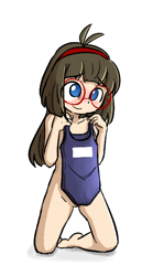 Size: 331x596 | Tagged: explicit, artist:spheedc, oc, oc:sphee, banned from derpibooru, clothes, covering, female, glasses, human, humanized, humanized oc, imported from twibooru, lolicon, nudity, oc only, one-piece swimsuit, simple background, solo, solo female, swimsuit, underage, vulva, white background
