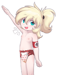 Size: 1116x1469 | Tagged: questionable, artist:shinodage, oc, oc:luftkrieg, accessories, armband, banned from derpibooru, belly button, blonde, blonde hair, blue eyes, blushing, breasts, child, clothes, cute, delicious flat chest, diaper, diaper edit, diaper fetish, edit, edited edit, eyelashes, eyes open, eyeshadow, female, fetish, heil, human, humanized, imported from twibooru, lolicon, looking at you, makeup, national socialism, nazi armband, nazi salute, nipples, nudity, oc only, open eyes, open mouth, ponytail, runes, sieg heil, simple background, small breasts, solo, solo female, swastika, symbol, transparent background, underage, urine, wall of tags, wet diaper, white background, yelling, young
