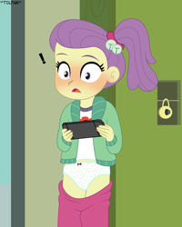 Size: 1972x2471 | Tagged: suggestive, artist:tolpain, banned from derpibooru, blushing, clothes, equestria girls, exclamation point, female, imported from twibooru, lily pad (equestria girls), lolicon, panties, playing, school, underage, underwear, wardrobe malfunction, white underwear