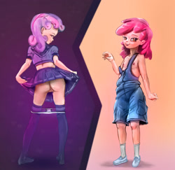Size: 1561x1519 | Tagged: explicit, artist:hexado, apple bloom, sweetie belle, anus, banned from derpibooru, braless, breasts, clothes, delicious flat chest, duo, equestria girls, female, gradient background, human, humanized, imported from twibooru, lolicon, naked overalls, nipples, no underwear, nudity, overalls, oversized clothes, panties, panties pulled down, skirt, skirt lift, small breasts, stockings, thigh highs, underage, underskirt, underwear, vulva
