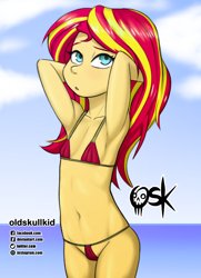 Size: 1042x1440 | Tagged: suggestive, artist:oldskullkid, armpits, banned from derpibooru, beach, belly button, bikini, child, clothes, equestria girls, female, imported from twibooru, lolicon, micro bikini, panties, sexy, solo, solo female, sunset shimmer, swimsuit, thong, underage, underwear, young, younger