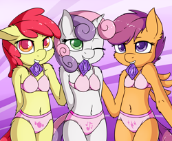 Size: 2454x2016 | Tagged: suggestive, artist:fearingfun, apple bloom, scootaloo, sweetie belle, anthro, banned from derpibooru, bra, clothes, condom, condom in mouth, cutie mark crusaders, earth pony, female, imported from twibooru, lingerie, lolicon, mouth hold, panties, pegasus, underage, underwear, unicorn